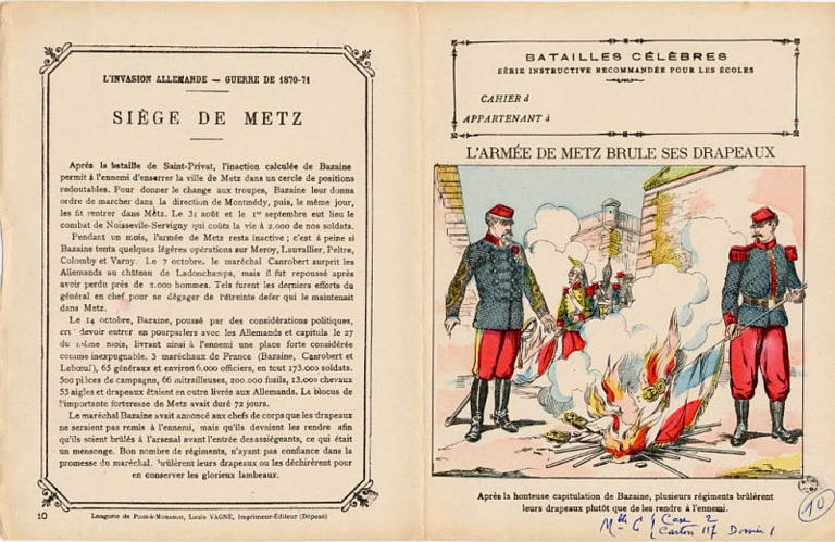 BATAILLES CÉLÈBRES / SÉRIE INSTRUCTIVE RECOMMANDÉE POUR LES ÉCOLES / L'ARMÉE DE METZ BRULE SES DRAPEAUX (titre inscrit)