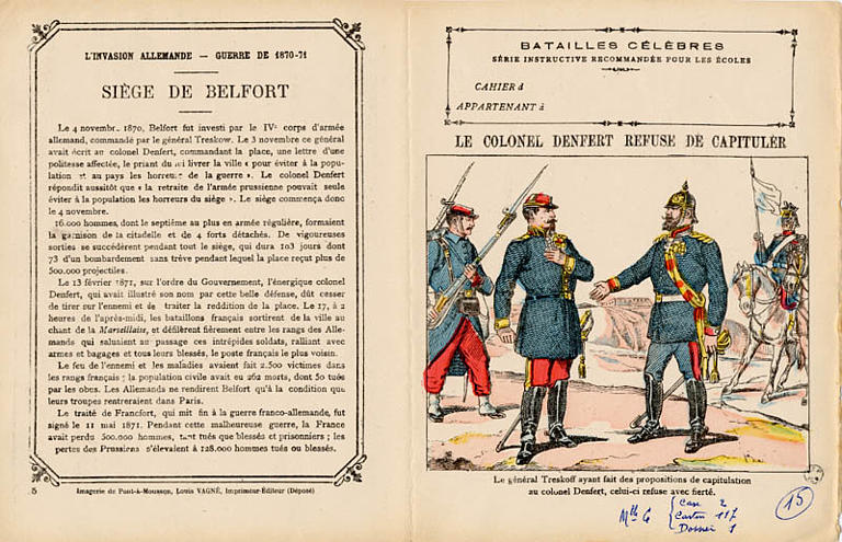 BATAILLES CÉLÈBRES / SÉRIE INSTRUCTIVE RECOMMANDÉE POUR LES ÉCOLES / LE COLONEL DENFERT RESUSE DE CAPITULER (titre inscrit)