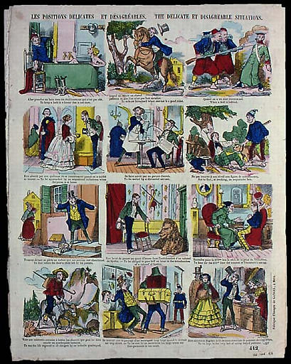 LES POSITIONS DELICATES ET DESAGREABLES. (titre inscrit, français, anglais)