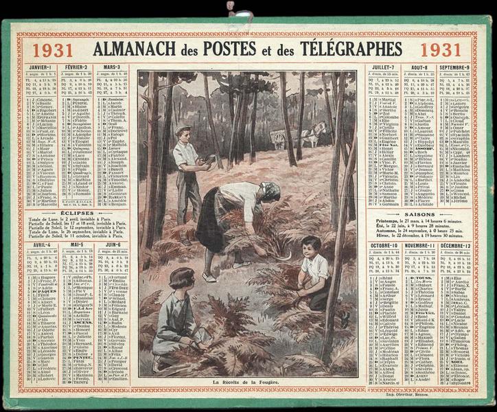 ALMANACH des POSTES et des TELEGRAPHES / La Récolte de la Fougère (titre inscrit)