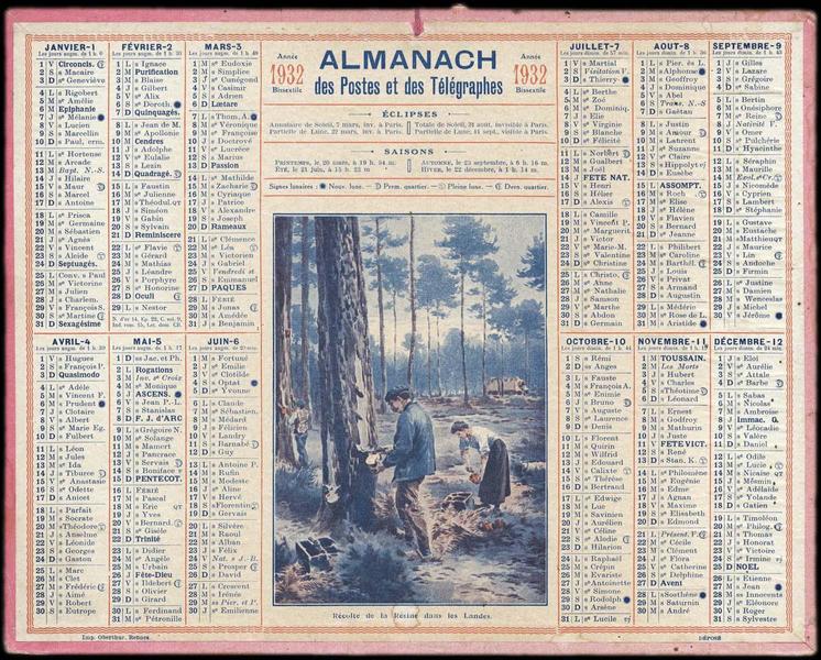 ALMANACH des Postes et des Télégraphes / Récolte de la Résine dans les Landes (titre inscrit)
