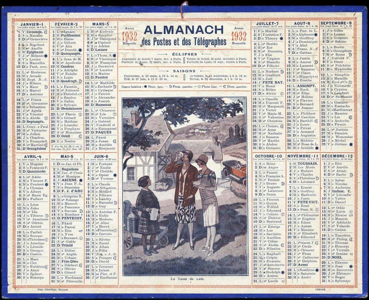 ALMANACH des Postes et des Télégraphes / La Tasse de Lait (titre inscrit)