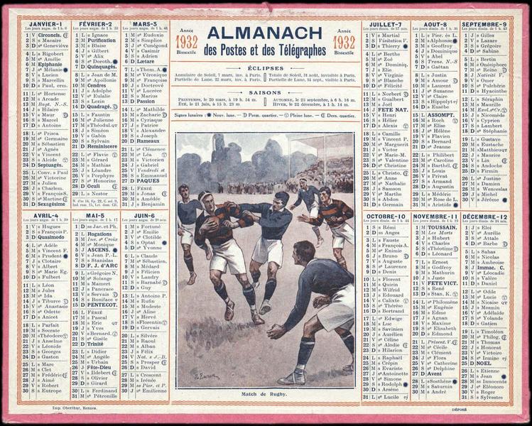 ALMANACH des Postes et des Télégraphes / Match de Rugby (titre inscrit)