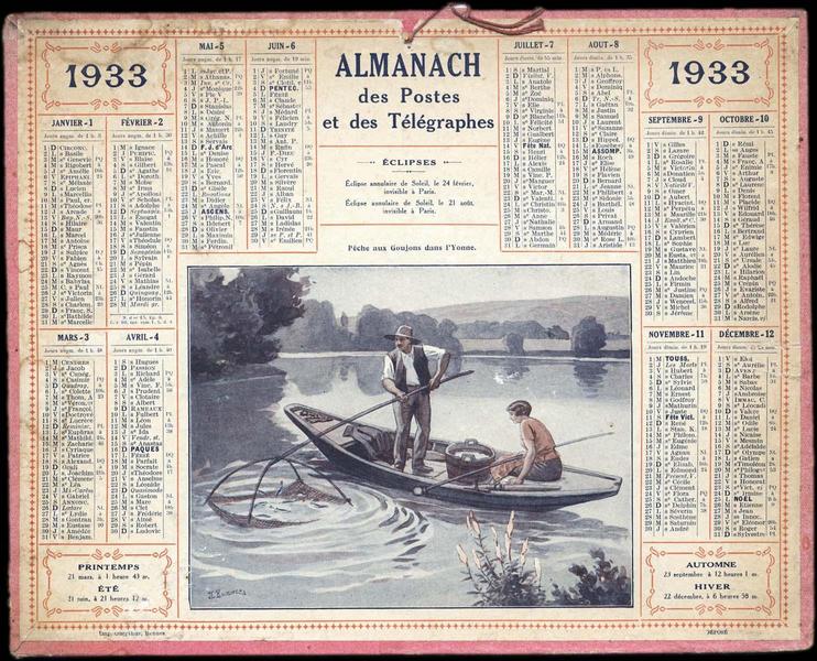 Almanach des Postes et des Télégraphes / Pêche aux Goujons dans l'Yonne (titre inscrit)
