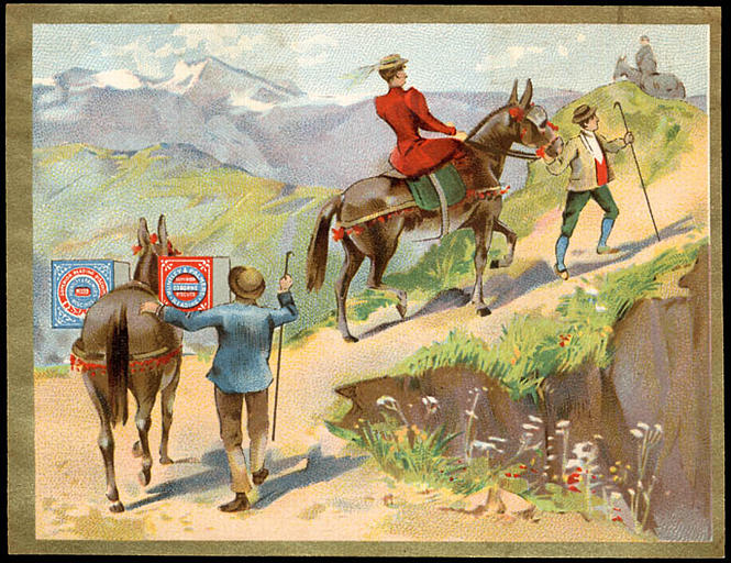 Dame à cheval et mulet de bât dans un col. (titre d'origine)