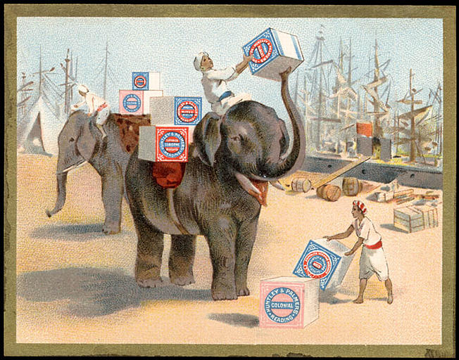 Deux éléphants transportent des biscuits. (titre d'origine)