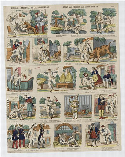 HEURS ET MALHEURS DE CALINO-PIERROT (titre inscrit, français, allemand, gothique)