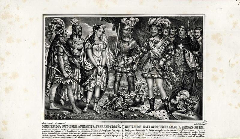 MONTEZUMA FAIT OFFRIR des PRESENTS à FERDINAD-CORTES (titre inscrit, français, espagnol)