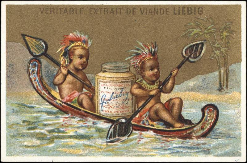 Deux enfants vêtus en indiens d'Amérique transportant un pot d'extrait de viande Liebig dans un canoë (titre factice)