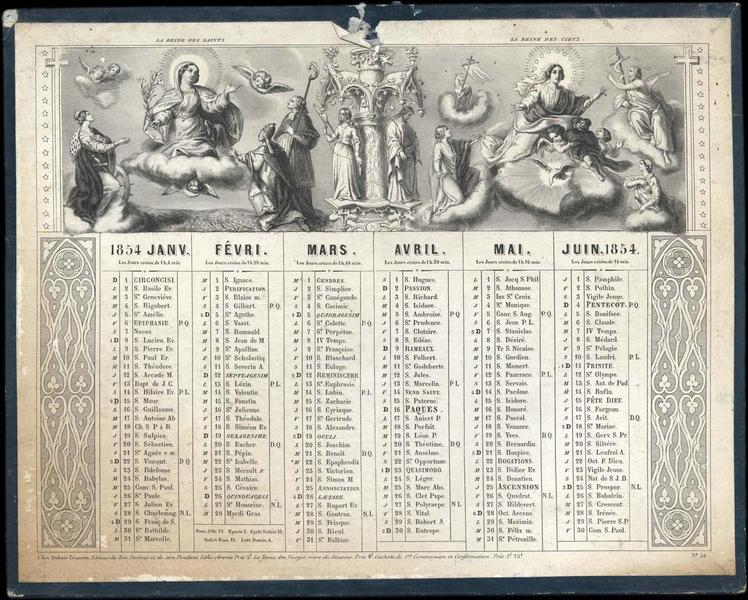 Almanach religieux avec quatre représentations de la Vierge sur une nuée (titre factice)
