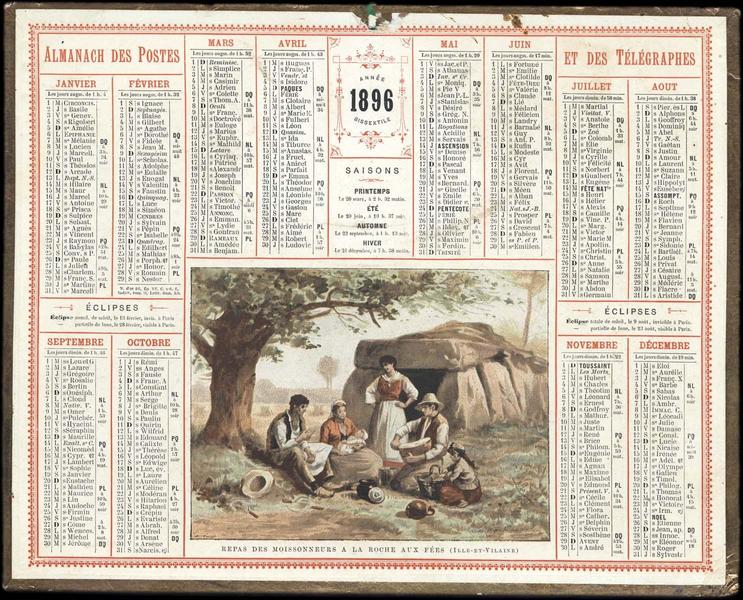 ALMANACH DES POSTES ET DES TELEGRAPHES / 1896 / REPAS DES MOISSONNEURS A LA ROCHE AUX FEES (ILLE-ET-VILAINE) (titre inscrit)