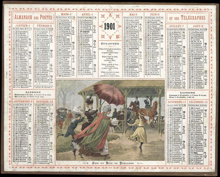 ALMANACH DES POSTES ET DES TELEGRAPHES / ABRI DU BOIS DE BOULOGNE (titre inscrit)