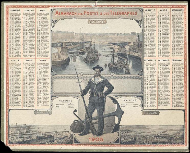 ALMANACH DES POSTES & DES TELEGRAPHES / BREST / CHERBOURG / TOULON PORTS DE GUERRE (titre inscrit)