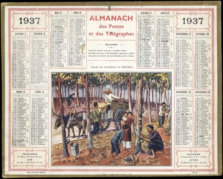 Almanach des Postes et des Télégraphes / Récolte du caoutchouc en Indo-Chine (titre inscrit)