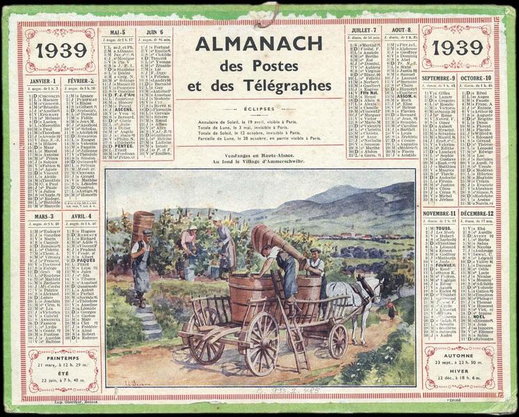 ALMANACH des Postes et des Télégraphes / Vendanges en Haute-Alsace. Au fond le village d'Ammerschwihr (titre inscrit)