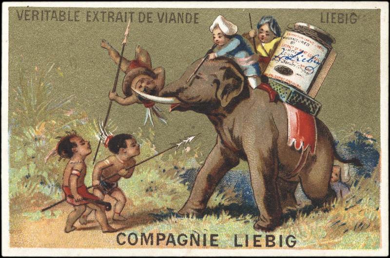 Des indigènes attaquent un éléphant qui porte des indiens et une boîte de Liebig (titre factice)