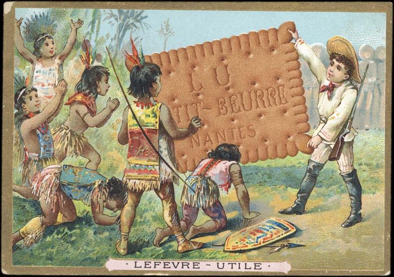Des enfants déguisés en indiens et en explorateurs jouent autour d'un biscuit LU géant (titre factice)