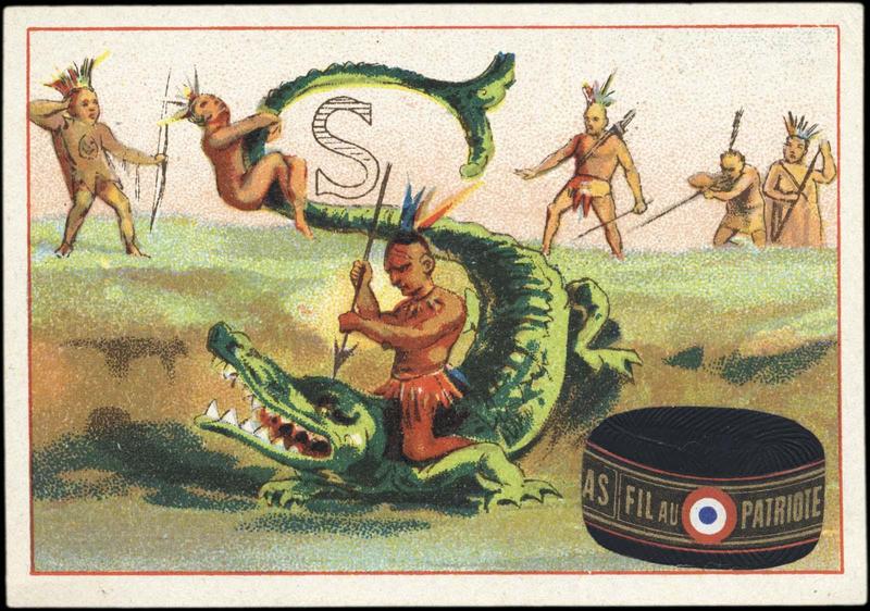 Lettre 'S' formée par un caïman qu'essaient péniblement de maitriser des indiens (titre factice)