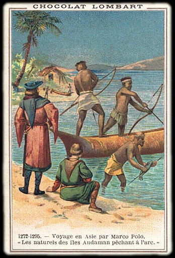 1272-1295. Voyage en Asie par Marco Polo. / 'Les naturels des îles Andaman pêchent à l'arc.' (titre inscrit)