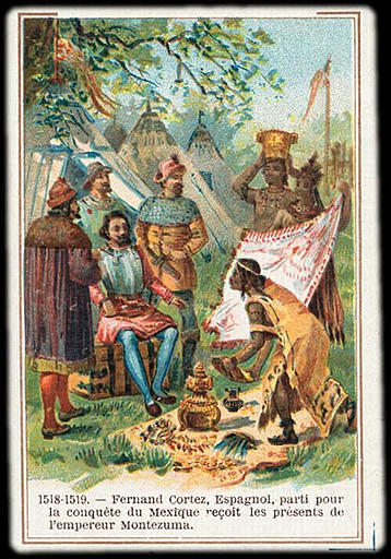 1518-1519 ; - Fernand Cortez, Espagnol, parti pour / la conquête du Mexique reçoit les présents de / l'empereur Montezuma (titre inscrit)