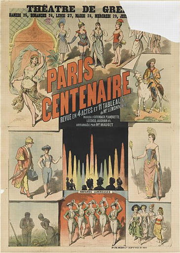 THEÂTRE DE GRE[échoppé] / PARIS / CENTENAIRE / REVUE EN 4 ACTES ET 11 TABLEAUX / de Mr. LEMONNIER / MUSIQUE D'OFFENBACH. PLANQUETTE. / LECOCQ, AUDRAN etc. / ARRANGÉE PAR MR. MAUGET (titre inscrit)