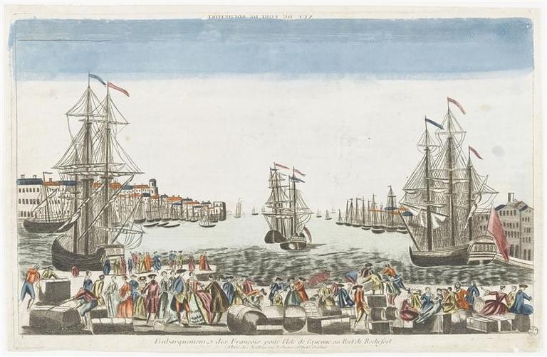 VUE DU PORT DE ROCHEFORT (titre inscrit, en caractères inversés) ; Embarquement des François pour l'Isle de Cayenne au Port de Rochefort (titre inscrit)