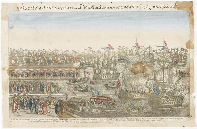LE .25. JUIN 1765. L'ESCADRE COMMANDEE PAR Mr. LE MARQUIS DE LA VICTOIRE (titre inscrit, en caractères inversés) ; Vista del Embarcamiento de la Sra. Infante de Espana Mujer del Archiduc Leopoldo. En et puerto de Cartagena / el / La Esquadra mandada por et Marques de la Victoria / Vue de l'Embarquement de l'Infante d'Espagne Epouse de l'Archiduc Leopold au Port de Cartagene / La 25 Juin 1765. L'Escadre commandée par Mr. le Marquis de la Victoire (titre inscrit)