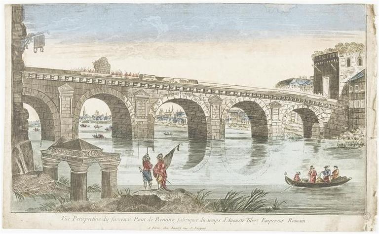 Vue Perspective du fameux Pont de Remino fabriquée (sic) du temps d'Auguste Tibert Empereur Romain (titre inscrit)