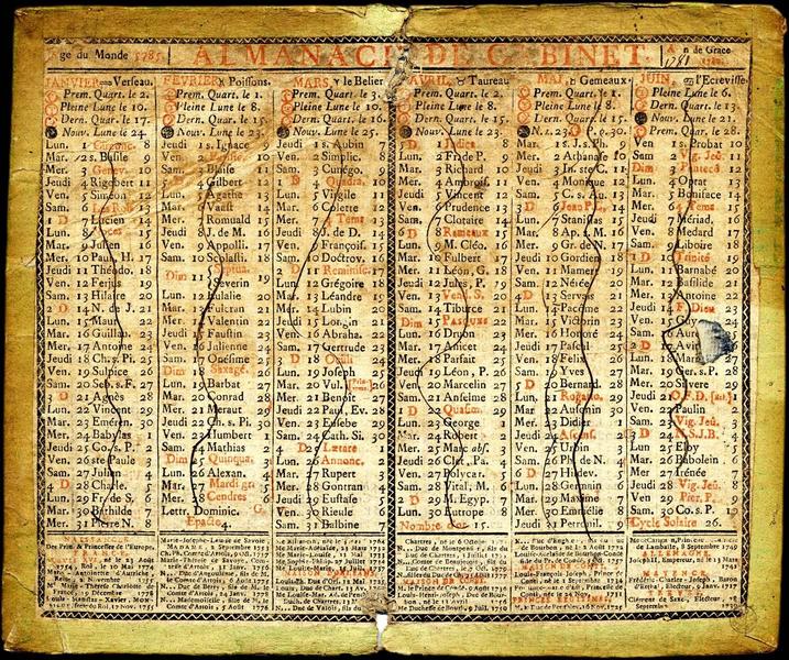 ALMANACH DE CABINET / Age du Monde 1785 / An de Grace / 1785 (titre inscrit)
