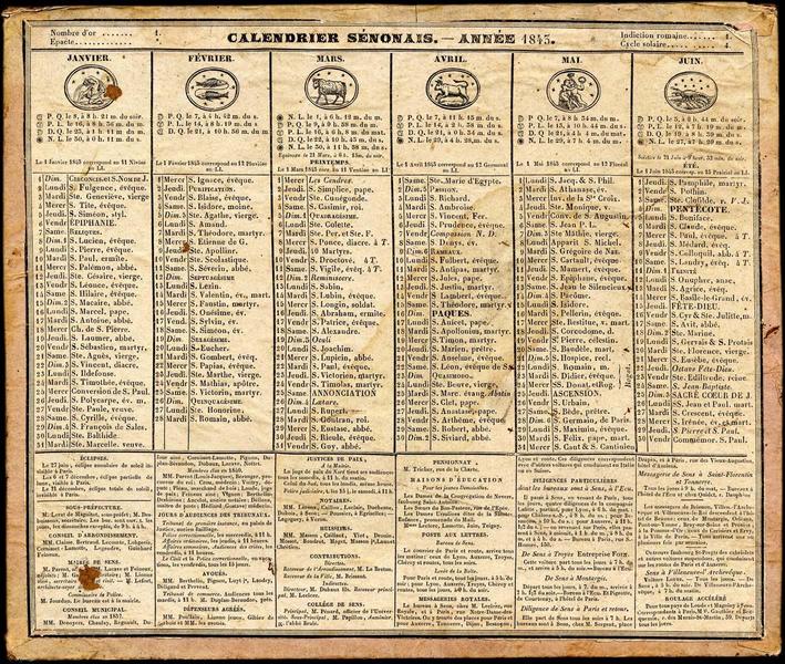 CALENDRIER SENONAIS-ANNEE 1843 (titre inscrit)
