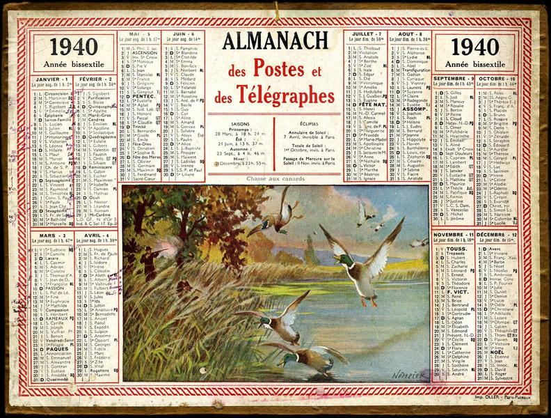 ALMANACH / des Postes / et des Télégraphes / 1940 / Année bissextile (titre inscrit)