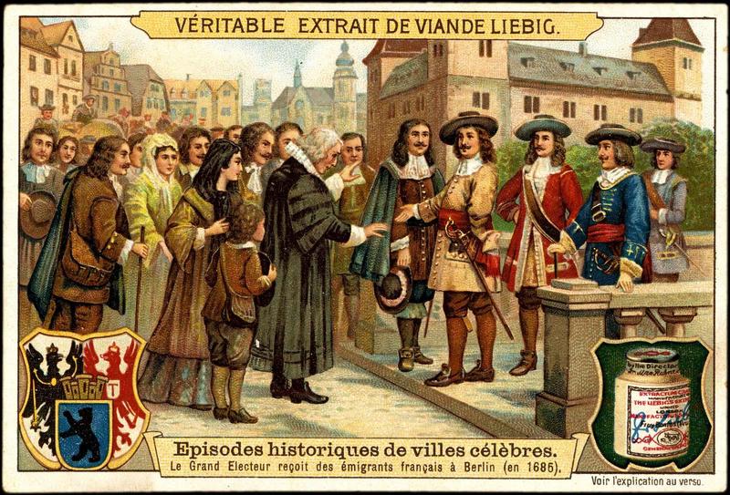 Episodes historiques de villes célèbres. Le Grand Electeur reçoit des émigrants français à Berlin (en 1685)  (titre inscrit)