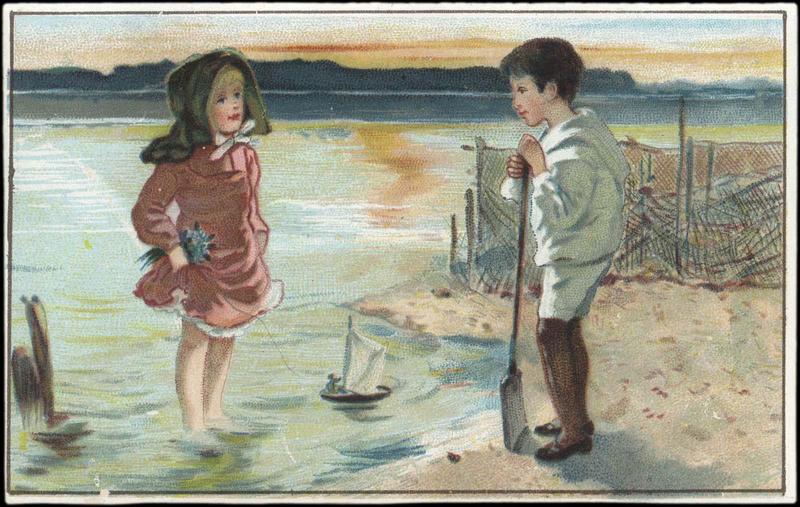 Garçon et fillette au bord de l'eau sur une plage (titre factice)
