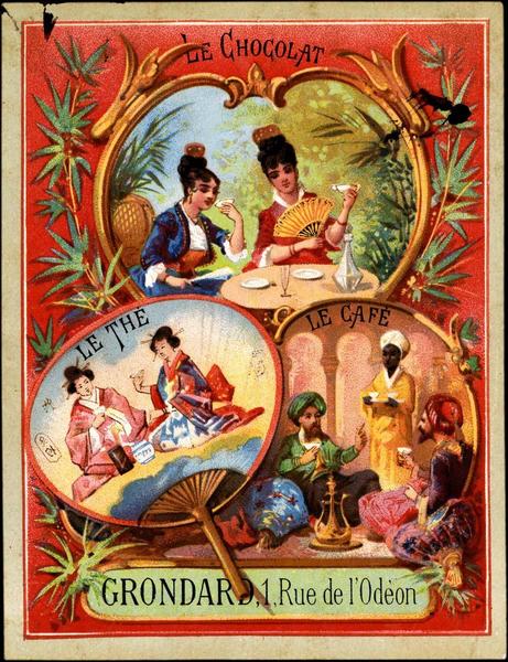 Deux femmes vêtues à l'espagnole ont une tasse à la main, assises autour d'une table boivent ; Deux chinoises ont une tasse à la main, assises par terre ; deux hommes vêtus à l'orientale ont une tasse à la main, tandis qu'un esclave noir leur apporte un plateau (titre factice)