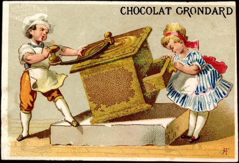 Un petit cuisinier moud le café dans un moulin géant pendant qu'une jeune fille regarde dans le tiroir du moulin (titre factice)