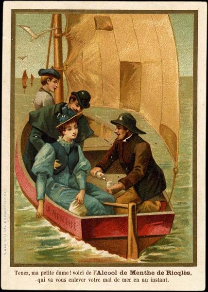 Tenez, ma petite dame ! voici de l'Alcool de Menthe de Ricqlès, / qui va vous enlever votre mal de mer en un instant (titre inscrit)