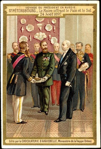 VOYAGE DU PRESIDENT EN RUSSIE. / ST PETERSBOURG-Le Maire offrant le Pain et le Sel. / 24 Août 1897 (titre inscrit)