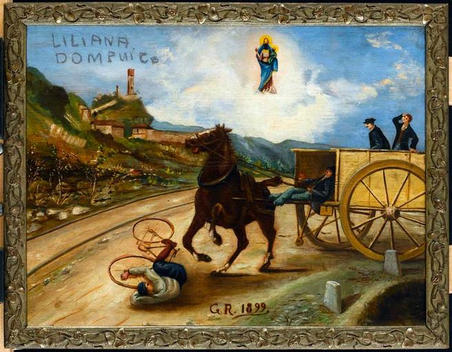 cycliste renversé devant un cheval cabré (titre factice)