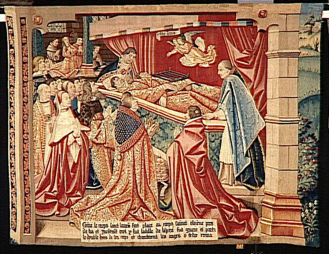 Légende de saint Etienne (scène 23) : Le corps de saint Laurent fait miraculeusement place auprès de lui à celui de saint Etienne et les anges chantent 'Felix Roma !'