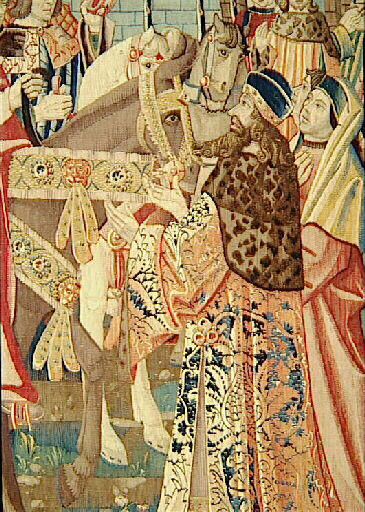 Légende de saint Etienne (scène 20) : Le corps est accueilli par le pape et déposé en l'église Saint-Pierre de Rome