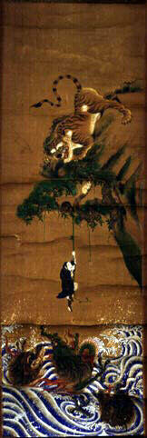 Homme suspendu entre le tigre et le dragon