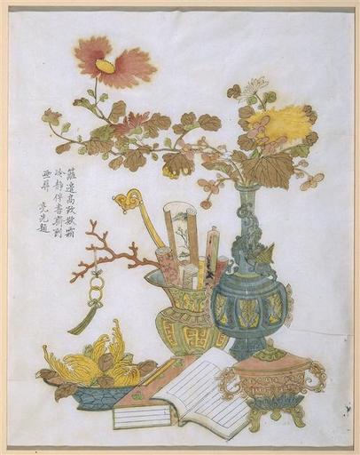 Série dite de Kaempfer : Vase bleu, rouleau de peinture et livres