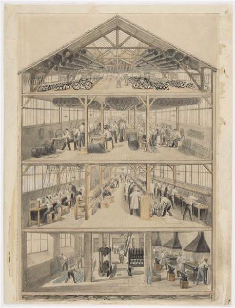 Coupe verticale des nouveaux ateliers de la Manufacture de vélocipèdes de Clément et Cie