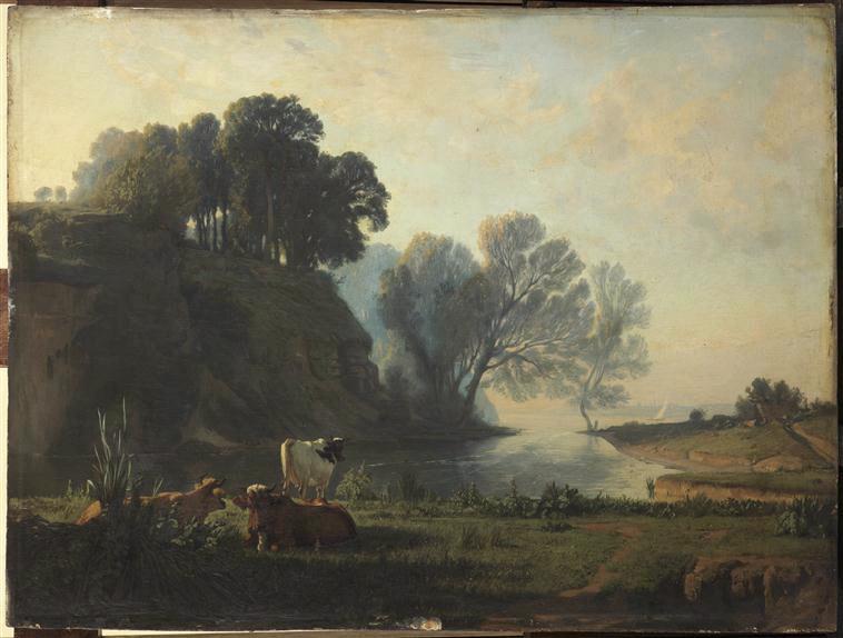 Paysage matinal avec trois vaches