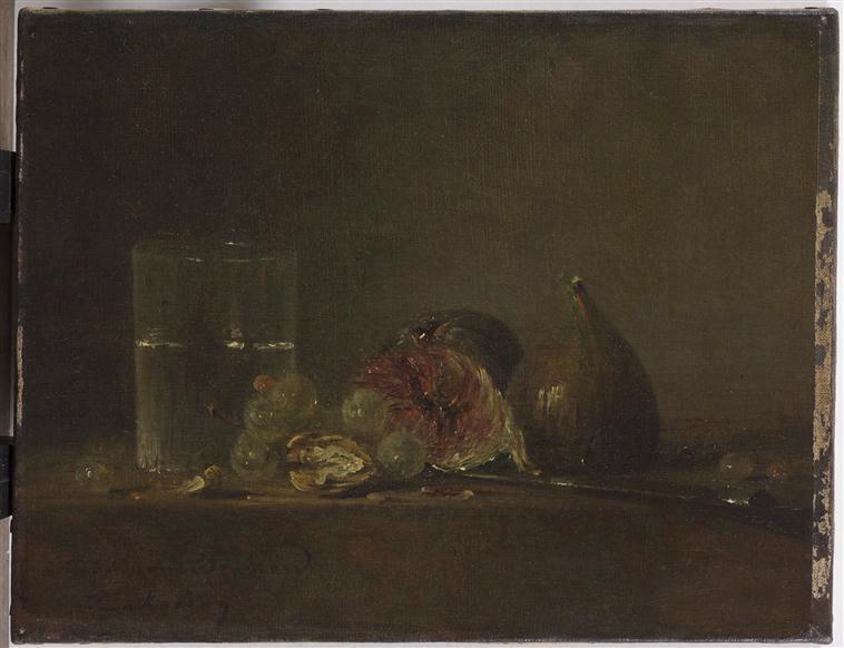 Figues, noix, raisin et verre d'eau