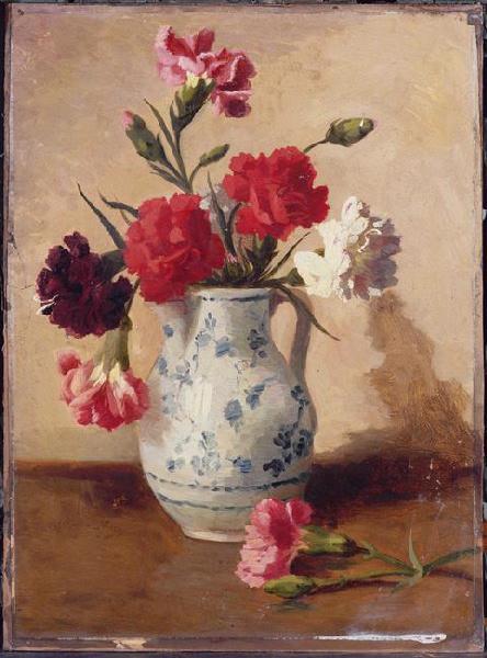 Bouquet d'oeillets dans un pichet de porcelaine