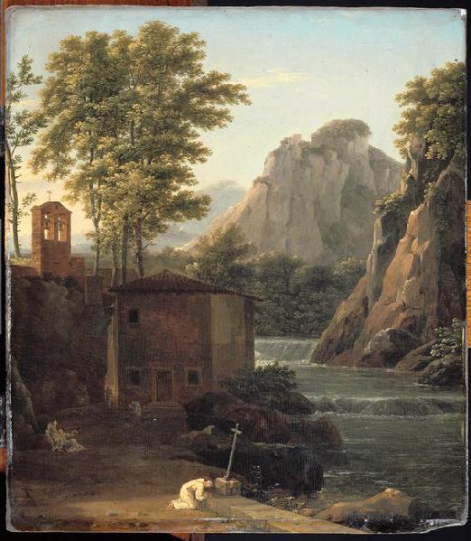 Paysage montagneux avec ermitage et torrent