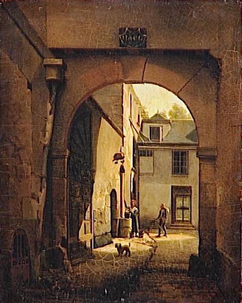 Cour d'une maison de Paris, avec puits, personnages et chien