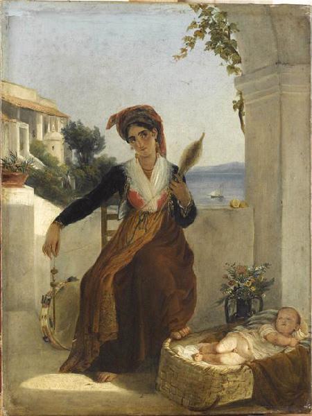 Italienne d'Ischia près du berceau de son enfant