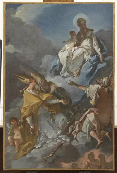 Saint Jacques intercédant auprès de la Vierge en faveur des âmes du purgatoire ; La Vierge avec l'Enfant sur les nuages, adorée par trois saints (ancien titre)